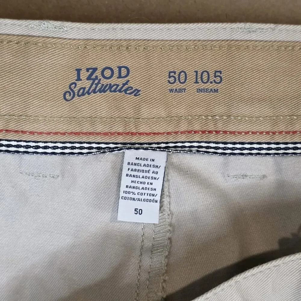 IZOD Shorts Men 50 Beige Flat Front Saltwater The Washed Chino Short 10.5 Inseam